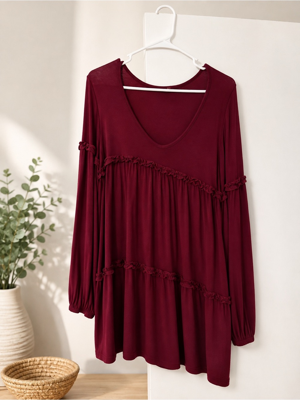 Women’s Burgundy V-Neck Ruffle Tiered Blouse